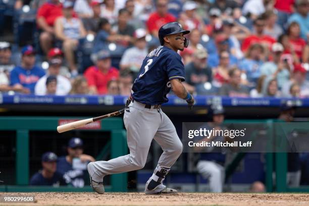 Orlando Arcia of the Milwaukee Brewers bats against the Philadelphia Phillies at Citizens Bank Park on June 9, 2018 in Philadelphia, Pennsylvania.