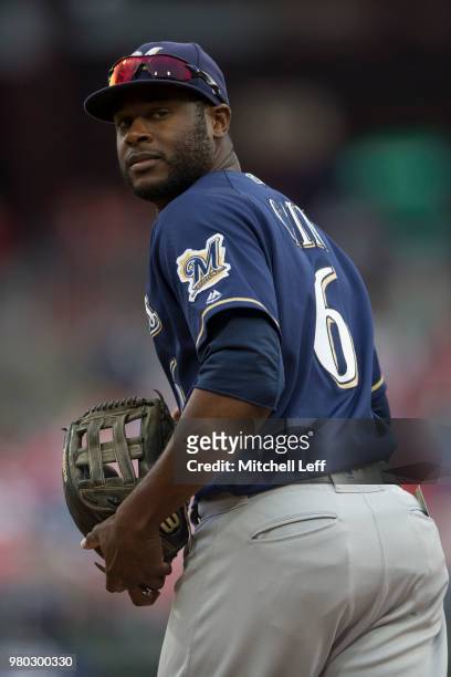 Lorenzo Cain of the Milwaukee Brewers looks on against the Philadelphia Phillies at Citizens Bank Park on June 10, 2018 in Philadelphia, Pennsylvania.