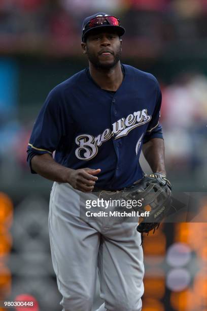 Lorenzo Cain of the Milwaukee Brewers makes his way to the dugout against the Philadelphia Phillies at Citizens Bank Park on June 10, 2018 in...