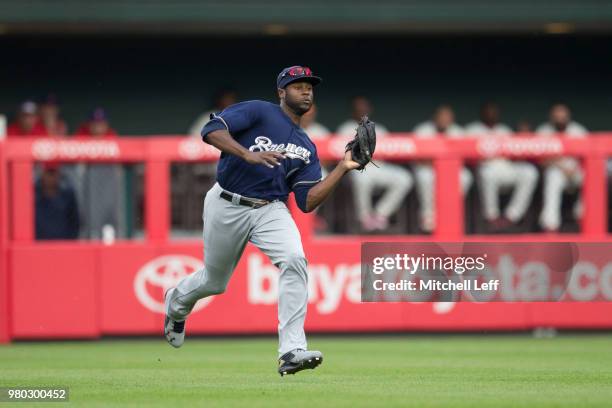 Lorenzo Cain of the Milwaukee Brewers makes a running catch against the Philadelphia Phillies at Citizens Bank Park on June 10, 2018 in Philadelphia,...