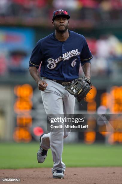 Lorenzo Cain of the Milwaukee Brewers makes his way to the dugout against the Philadelphia Phillies at Citizens Bank Park on June 10, 2018 in...
