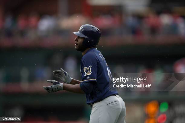 Lorenzo Cain of the Milwaukee Brewers reacts against the Philadelphia Phillies at Citizens Bank Park on June 10, 2018 in Philadelphia, Pennsylvania.