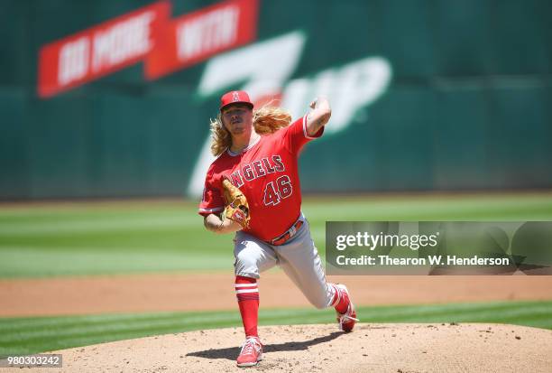 John Lamb of the Los Angeles Angels of Anaheim pitches against the Oakland Athletics in the bottom of the first inning at the Oakland Alameda...