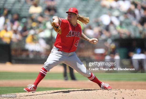 John Lamb of the Los Angeles Angels of Anaheim pitches against the Oakland Athletics in the bottom of the second inning at the Oakland Alameda...