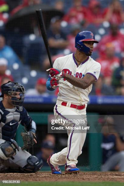 Nick Williams of the Philadelphia Phillies bats against the Milwaukee Brewers at Citizens Bank Park on June 10, 2018 in Philadelphia, Pennsylvania.