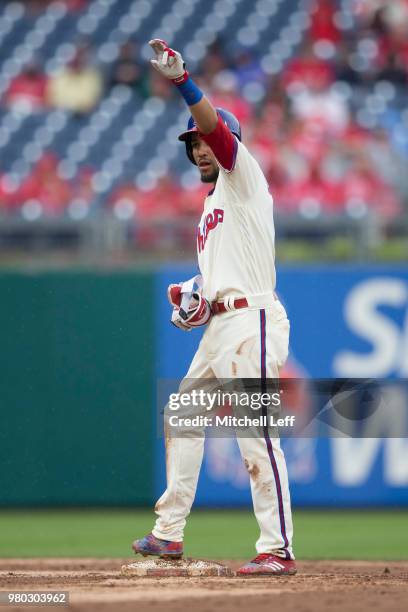 Crawford of the Philadelphia Phillies reacts against the Milwaukee Brewers at Citizens Bank Park on June 10, 2018 in Philadelphia, Pennsylvania.