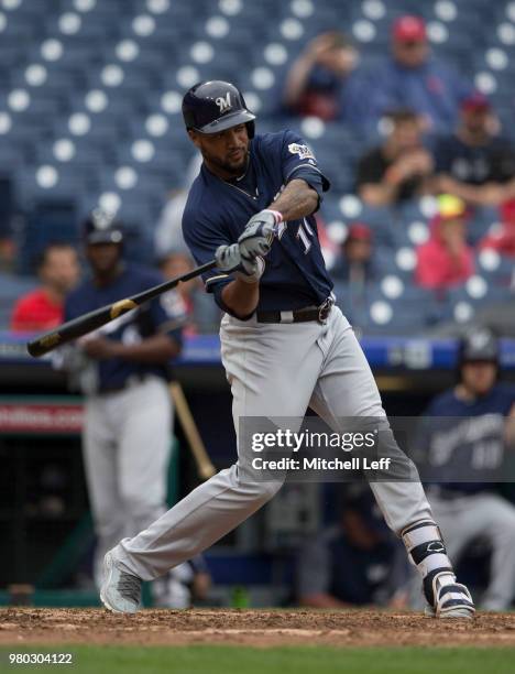 Domingo Santana of the Milwaukee Brewers bats against the Philadelphia Phillies at Citizens Bank Park on June 10, 2018 in Philadelphia, Pennsylvania.