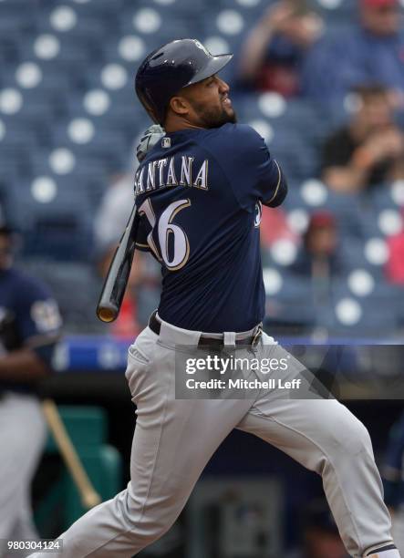 Domingo Santana of the Milwaukee Brewers bats against the Philadelphia Phillies at Citizens Bank Park on June 10, 2018 in Philadelphia, Pennsylvania.