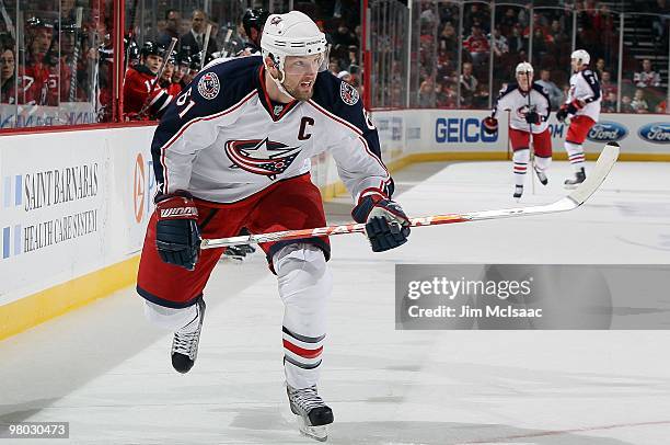 Rick Nash of the Columbus Blue Jackets skates against the New Jersey Devils at the Prudential Center on March 23, 2010 in Newark, New Jersey. The...