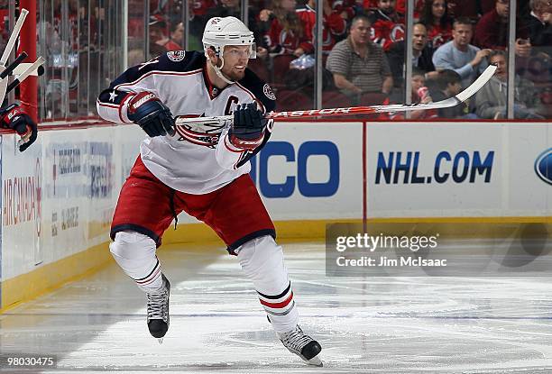 Rick Nash of the Columbus Blue Jackets skates against the New Jersey Devils at the Prudential Center on March 23, 2010 in Newark, New Jersey. The...