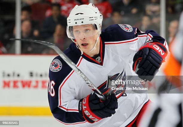 Samuel Pahlsson of the Columbus Blue Jackets skates against the New Jersey Devils at the Prudential Center on March 23, 2010 in Newark, New Jersey....