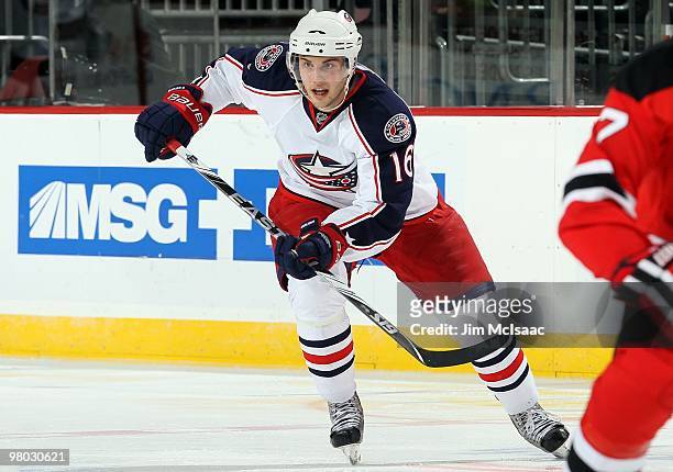 Derick Brassard of the Columbus Blue Jackets skates against the New Jersey Devils at the Prudential Center on March 23, 2010 in Newark, New Jersey....