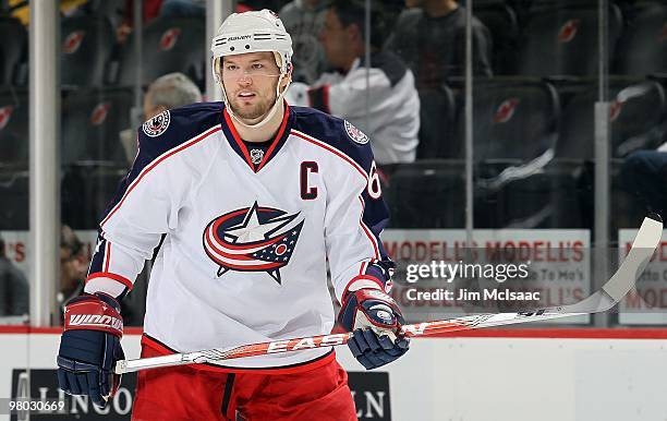 Rick Nash of the Columbus Blue Jackets skates against the New Jersey Devils at the Prudential Center on March 23, 2010 in Newark, New Jersey. The...