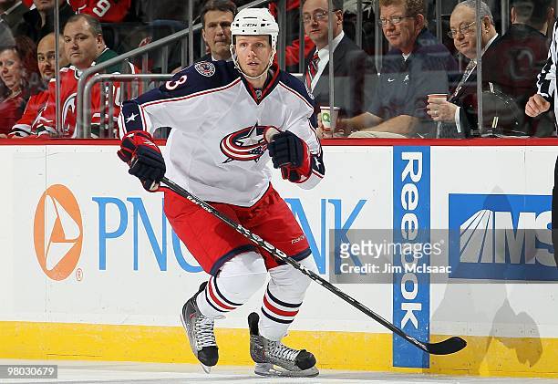 Marc Methot of the Columbus Blue Jackets skates against the New Jersey Devils at the Prudential Center on March 23, 2010 in Newark, New Jersey. The...