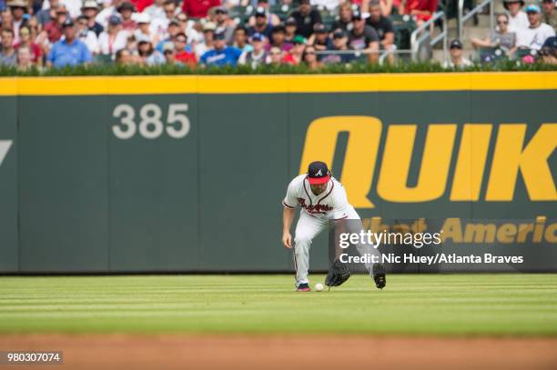 Charlie Culberson of the Atlanta Braves fields the ball against the San Diego Padres at SunTrust Park on June 16 in Atlanta, Georgia. The Braves won...