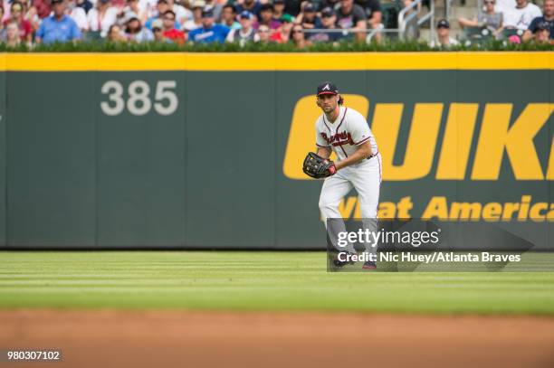 Charlie Culberson of the Atlanta Braves fields the ball against the San Diego Padres at SunTrust Park on June 16 in Atlanta, Georgia. The Braves won...