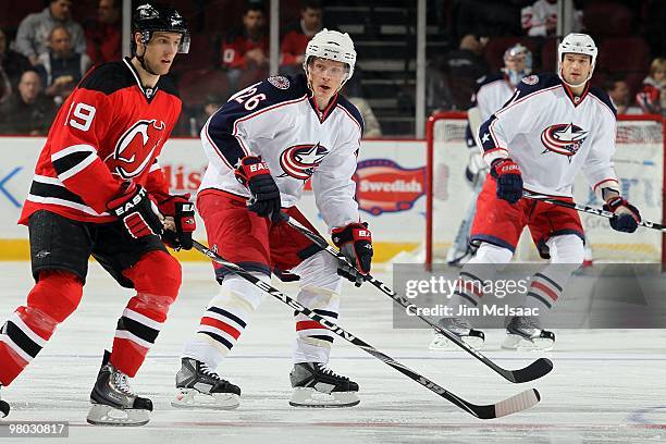 Samuel Pahlsson of the Columbus Blue Jackets skates against the New Jersey Devils at the Prudential Center on March 23, 2010 in Newark, New Jersey....