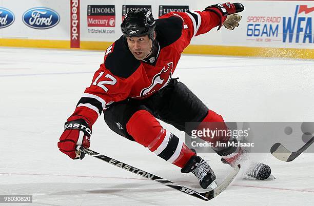 Brian Rolston of the New Jersey Devils skates against the Columbus Blue Jackets at the Prudential Center on March 23, 2010 in Newark, New Jersey. The...
