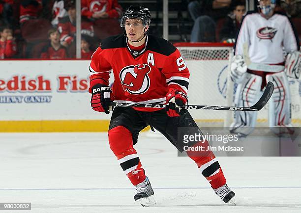 Zach Parise of the New Jersey Devils skates against the Columbus Blue Jackets at the Prudential Center on March 23, 2010 in Newark, New Jersey. The...
