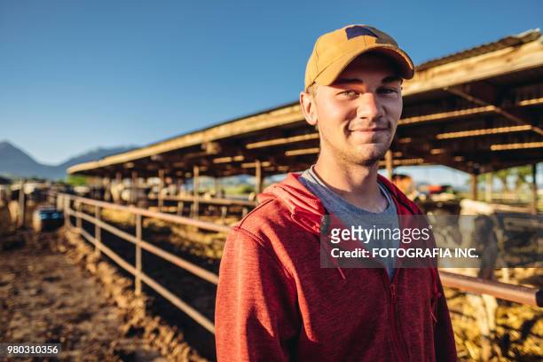 giovane produttore lattiero-caseario - scena rurale foto e immagini stock