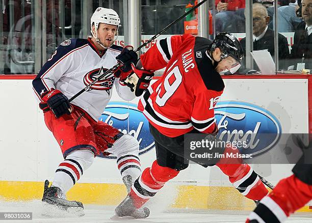 Marc Methot of the Columbus Blue Jackets skates against the New Jersey Devils at the Prudential Center on March 23, 2010 in Newark, New Jersey. The...