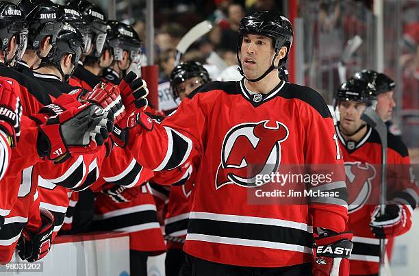 Brian Rolston of the New Jersey Devils skates against the Columbus Blue Jackets at the Prudential Center on March 23, 2010 in Newark, New Jersey. The...