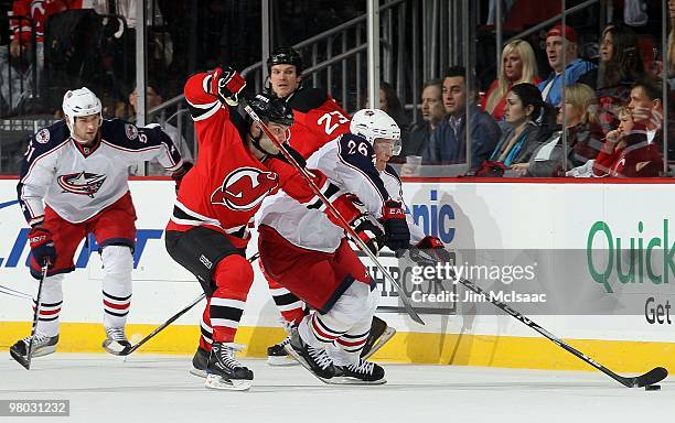 Samuel Pahlsson of the Columbus Blue Jackets skates against the New Jersey Devils at the Prudential Center on March 23, 2010 in Newark, New Jersey....