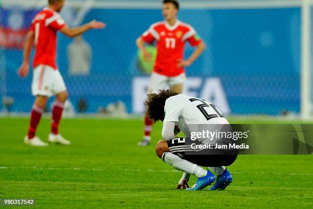 Amr Warda of Egypt laments his team's defeat against Russia after the 2018 FIFA World Cup Russia group A match between Russia and Egypt at Saint...