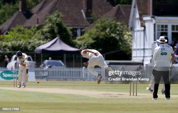 Oliver Hannon-Dalby of Warwickshire bowls on day two of the Specsavers County Championship: Division Two match between Kent and Warwickshire at The...