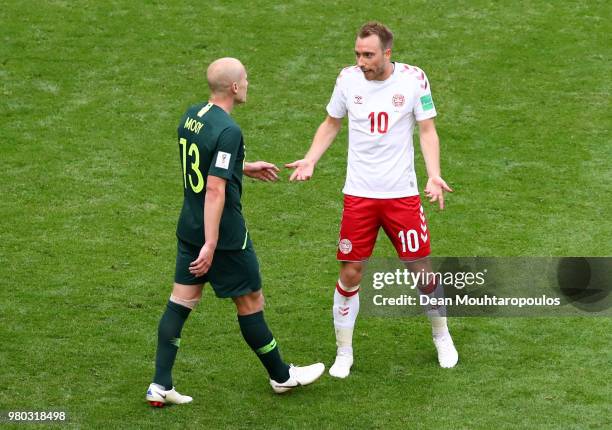 Aaron Mooy of Australia confronts Christian Eriksen of Denmark during the 2018 FIFA World Cup Russia group C match between Denmark and Australia at...