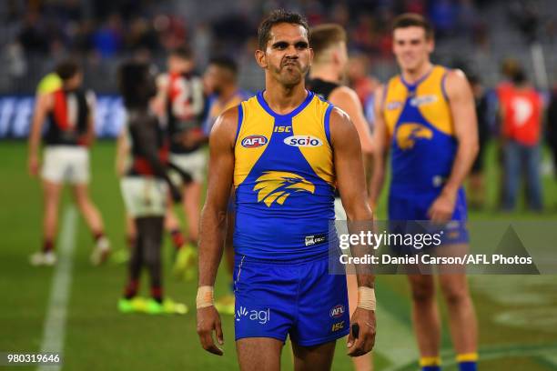 Lewis Jetta of the Eagles looks dejected after the loss during the 2018 AFL round 14 match between the West Coast Eagles and the Essendon Bombers at...