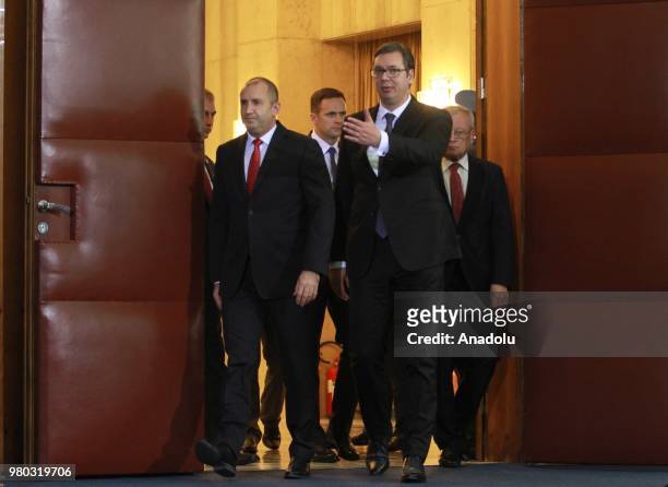 President of Bulgaria, Rumen Radev and Serbian President Aleksandr Vucic arrive for a joint press conference after their meeting at Palace of Serbia...