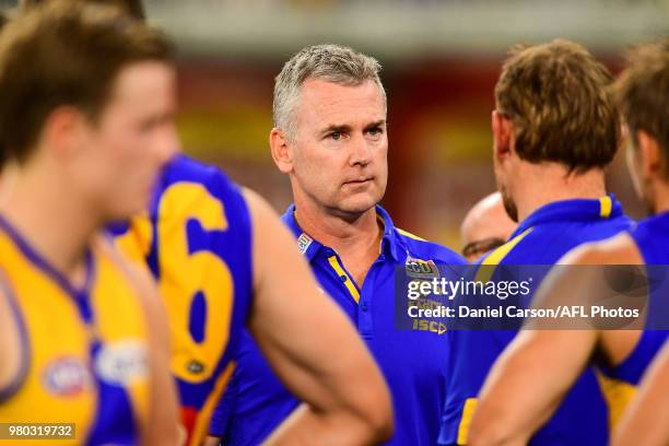 Adam Simpson, coach of the Eagles addresses the team at three quarter time during the 2018 AFL round 14 match between the West Coast Eagles and the...