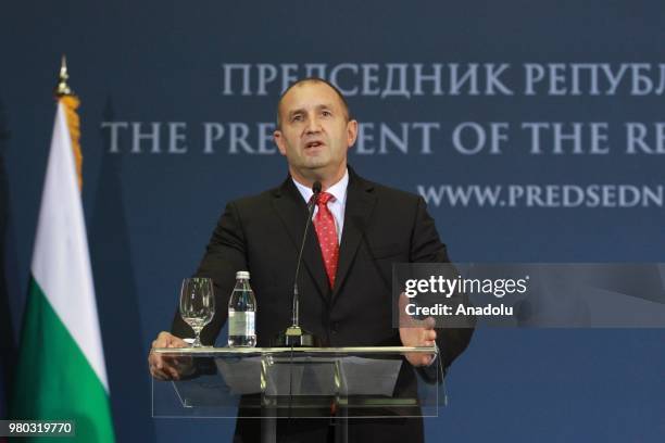 President of Bulgaria, Rumen Radev speaks during a joint press conference with Serbian President Aleksandr Vucic after their meeting at Palace of...