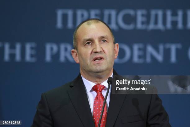 President of Bulgaria, Rumen Radev speaks during a joint press conference with Serbian President Aleksandr Vucic after their meeting at Palace of...