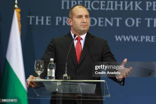 President of Bulgaria, Rumen Radev speaks during a joint press conference with Serbian President Aleksandr Vucic after their meeting at Palace of...