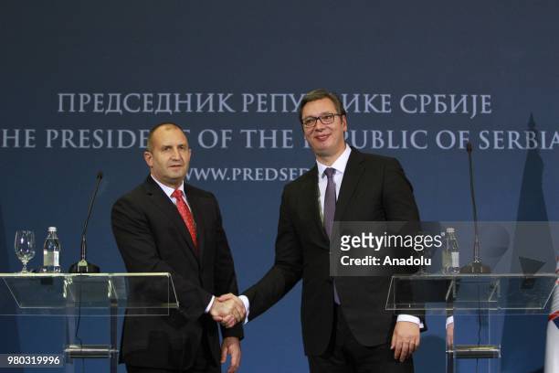 President of Bulgaria, Rumen Radev and Serbian President Aleksandr Vucic hold a joint press conference after their meeting at Palace of Serbia in...