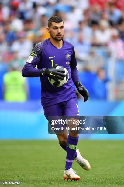 Mathew Ryan of Australia gathers the ball during the 2018 FIFA World Cup Russia group C match between Denmark and Australia at Samara Arena on June...