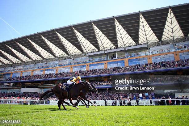 Joel Rosario riding Shang Shang Shang crosses the finish line to win The Norfolk Stakes on day 3 of Royal Ascot at Ascot Racecourse on June 21, 2018...