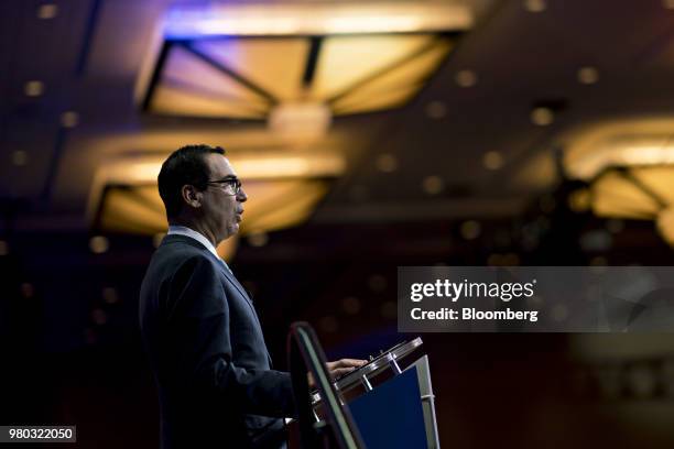 Steven Mnuchin, U.S. Treasury secretary, speaks during the SelectUSA Investment Summit in National Harbor, Maryland, U.S., on Thursday, June 21,...