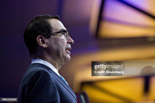 Steven Mnuchin, U.S. Treasury secretary, speaks during the SelectUSA Investment Summit in National Harbor, Maryland, U.S., on Thursday, June 21,...