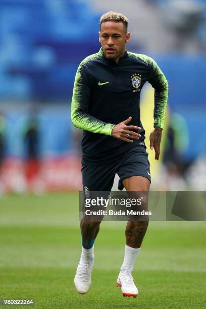 Neymar JR attends during a Brazil training session during the FIFA World Cup 2018 at Saint Petersburg Stadium on June 14, 2018 in Saint Petersburg,...