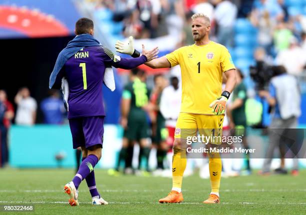 Mathew Ryan of Australia greets Kasper Schmeichel of Denmark after the 2018 FIFA World Cup Russia group C match between Denmark and Australia at...