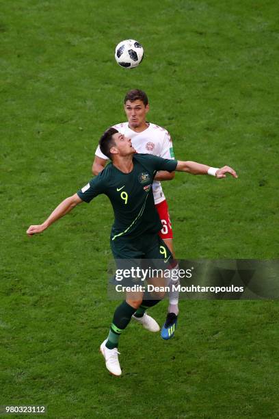 Tomi Juric of Australia competes for a header with Andreas Christensen of Denmark during the 2018 FIFA World Cup Russia group C match between Denmark...