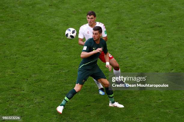 Tomi Juric of Australia battles for possession with with Andreas Christensen of Denmark during the 2018 FIFA World Cup Russia group C match between...