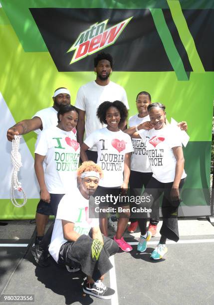 Joel Embiid and The Dynamic Diplomats of Double Dutch at the Mtn Dew Kickin' It Courtside @ St. Nick's event on June 20, 2018 in Harlem, New York...