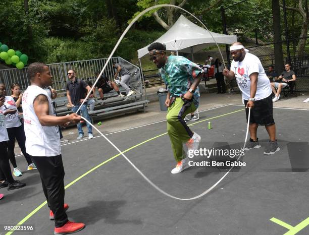 Lance Fresh and The Dynamic Diplomats of Double Dutch jump rope at the Mtn Dew Kickin' It Courtside @ St. Nick's event on June 20, 2018 in Harlem,...