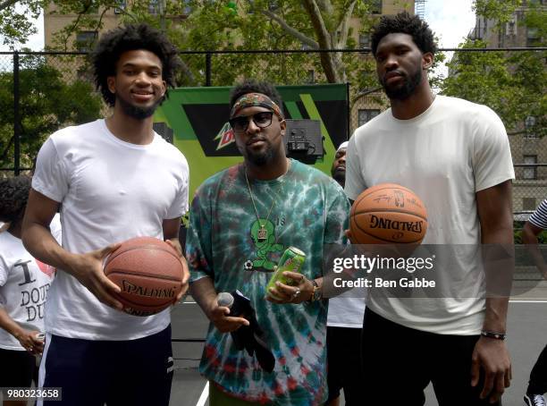 Marvin Bagley III, Lance Fresh and Joel Embiid at the Mtn Dew Kickin' It Courtside @ St. Nick's event on June 20, 2018 in Harlem, New York City.