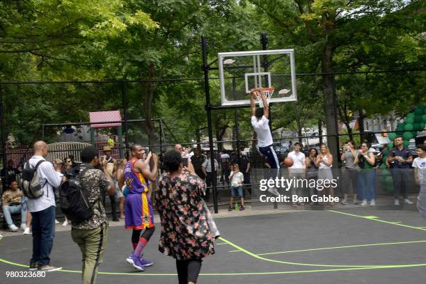 Marvin Bagley III slam dunks at the Mtn Dew Kickin' It Courtside @ St. Nick's event on June 20, 2018 in Harlem, New York City.