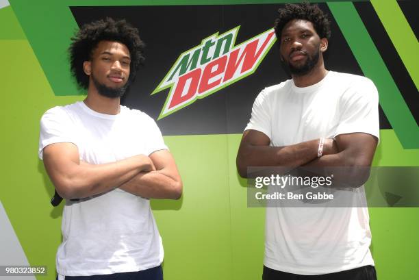 Marvin Bagley III and Joel Embiid at the Mtn Dew Kickin' It Courtside @ St. Nick's event on June 20, 2018 in Harlem, New York City.